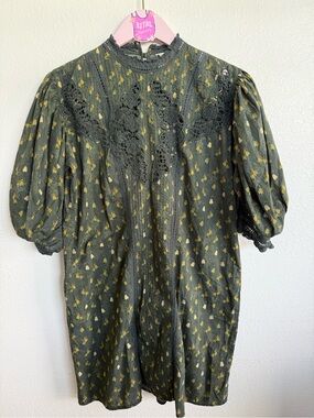 Farm Rio Military Cashew Puff Sleeve Tunic Dress